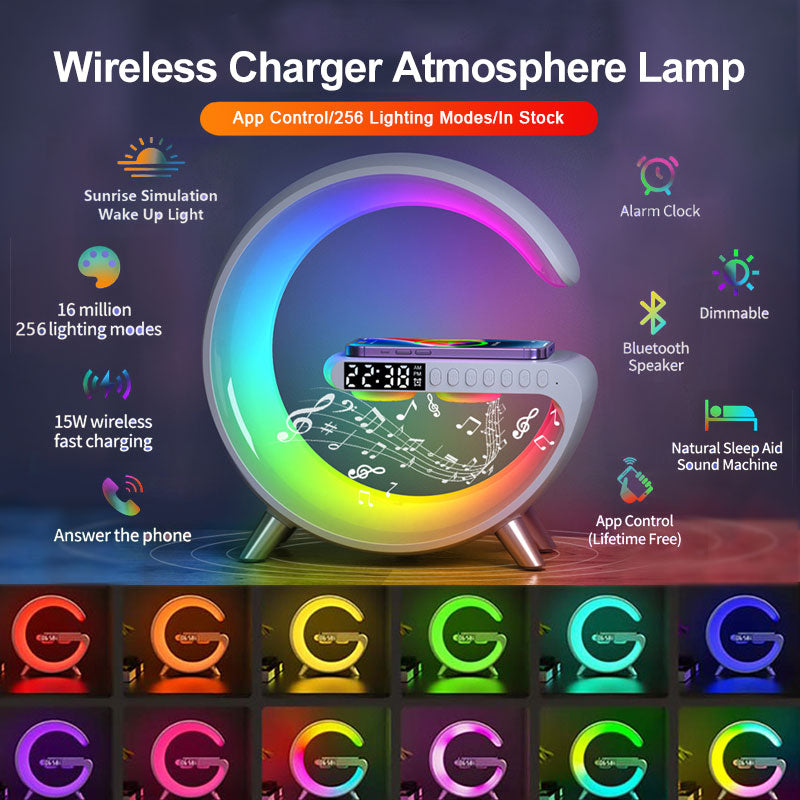 2023 New Wireless Charger Atmosphere Lamp: Intelligent LED Table Lamp, Bluetooth Speaker, Dimmable Night Light Touch Lamp Alarm Clock with Music Sync and App Control for Bedroom Home Decor in White